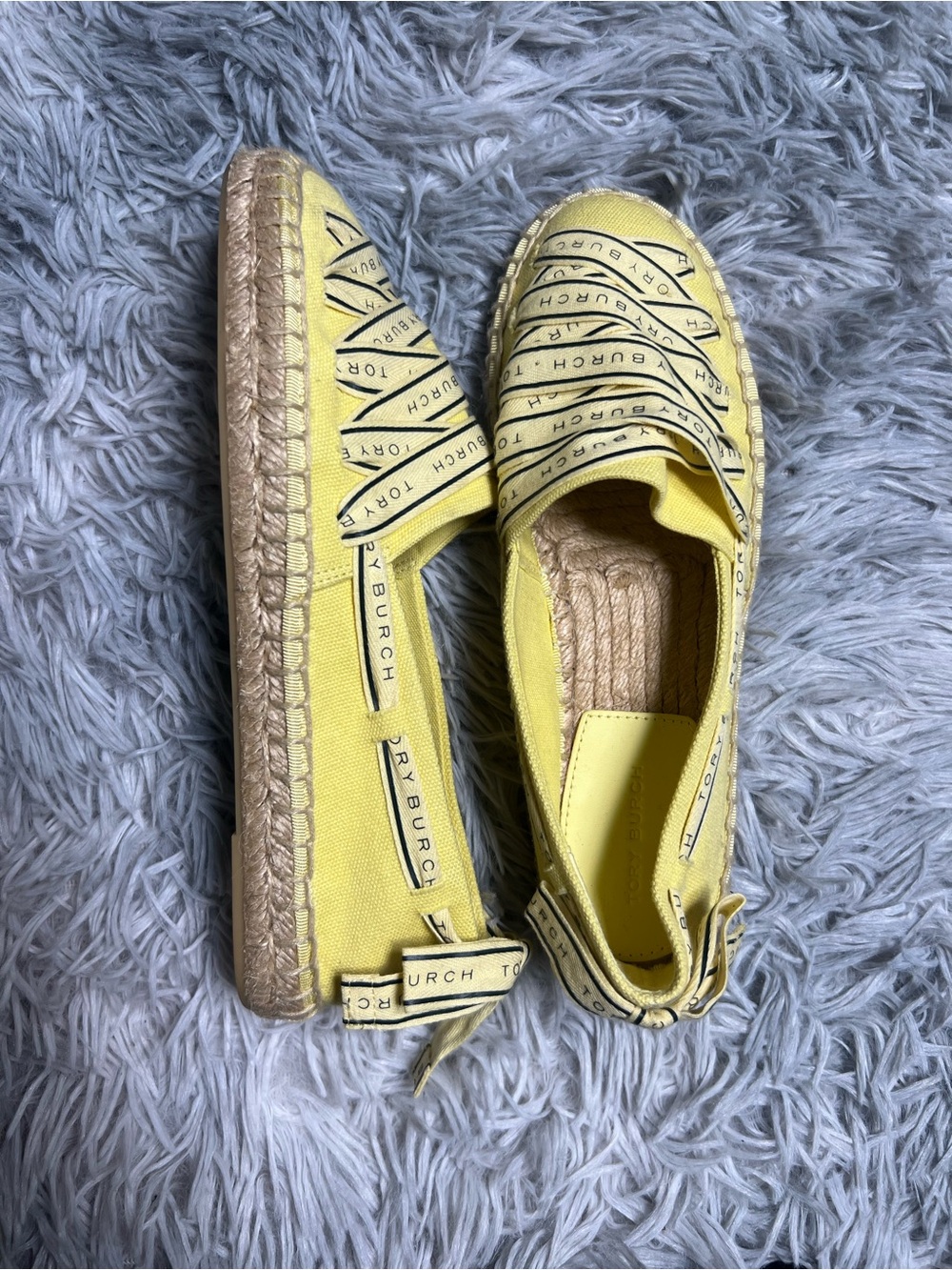 Tory Burch Butter Yellow Logo-Trim Ribbon Espadrilles in Size: 6